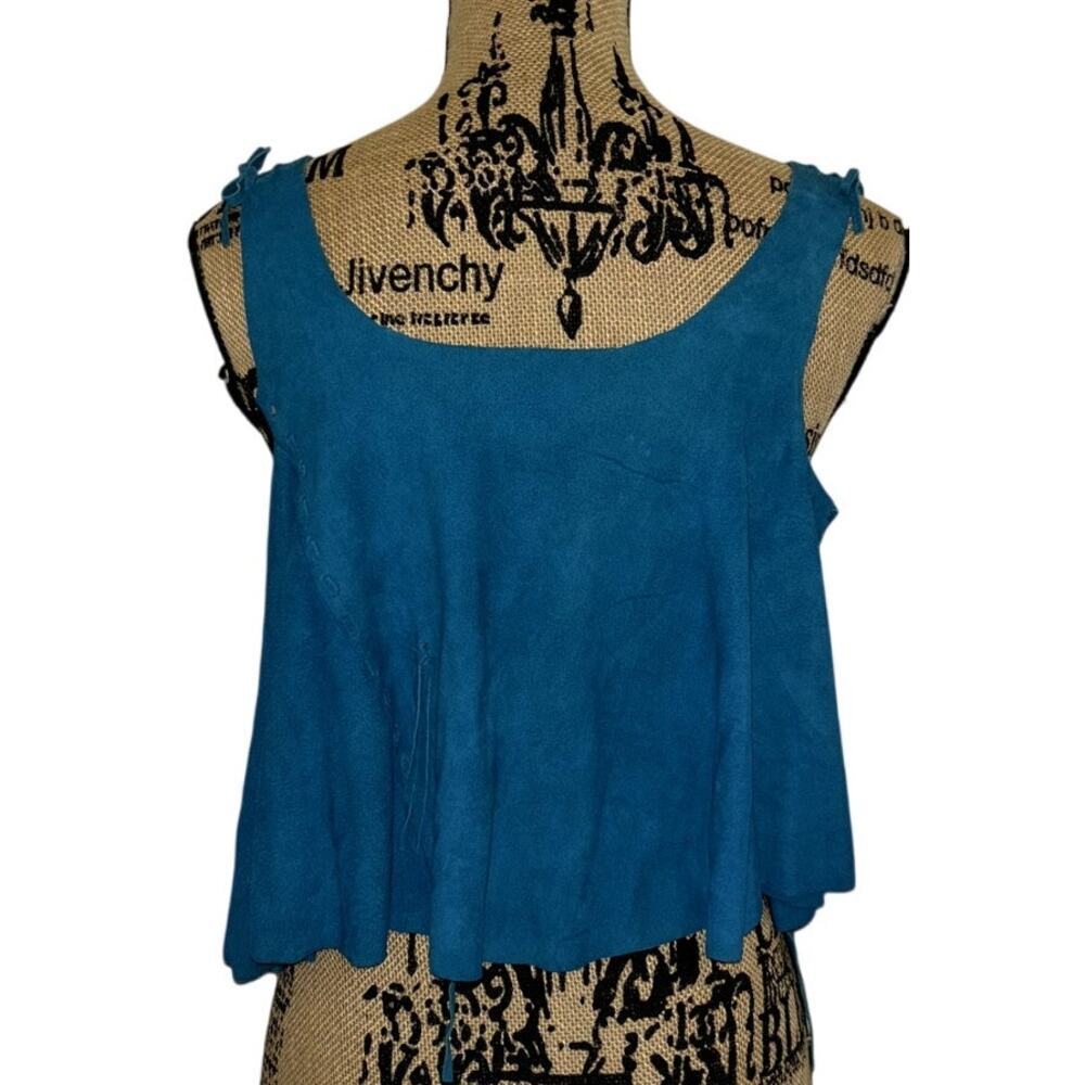 80s ERDA Deerskin Suede Crop Top Blue Size Medium Vintage Babydoll Boho Hippie - Picture 3 of 6
